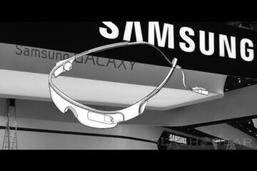 a pair of concept samsung xr glasses alongside the company logo
