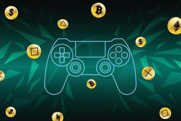 a gaming console surrounded by cryptocurrency coins, implying the blockchains impact on games and gaming in web3!
