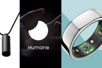 a collage of various wearable AI technology gadgets like Humane Pin, Oura ring etc