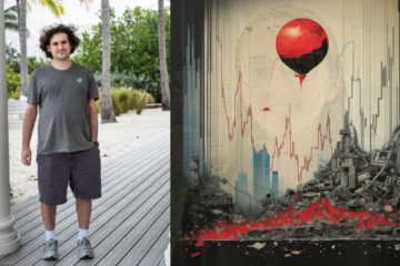 picture collage of Sam Bankman Fried (SBF) Next to a stock chart that is going downwards, implying a crypto crash and the FTX downfall