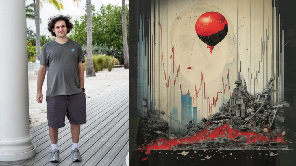 picture collage of Sam Bankman Fried (SBF) Next to a stock chart that is going downwards, implying a crypto crash and the FTX downfall