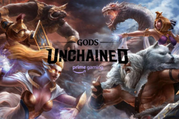 official collaboration poster for Gods Unchained & Amazon Prime Gaming, with the picture depicting both the company logo's on a GU game wallpaper