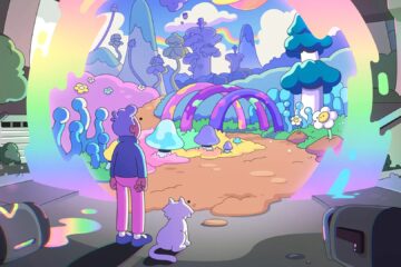 A cartoon character stands in front of a rainbow-colored house, creating a vibrant and whimsical scene.