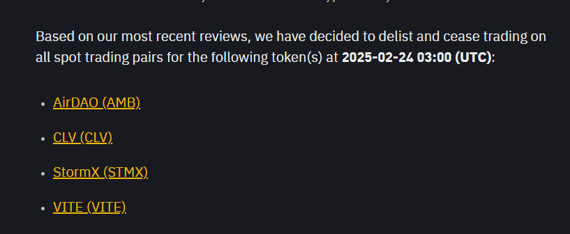 Binance Delisting AMB, CLV, STMX, and VITE on February 24, 2025